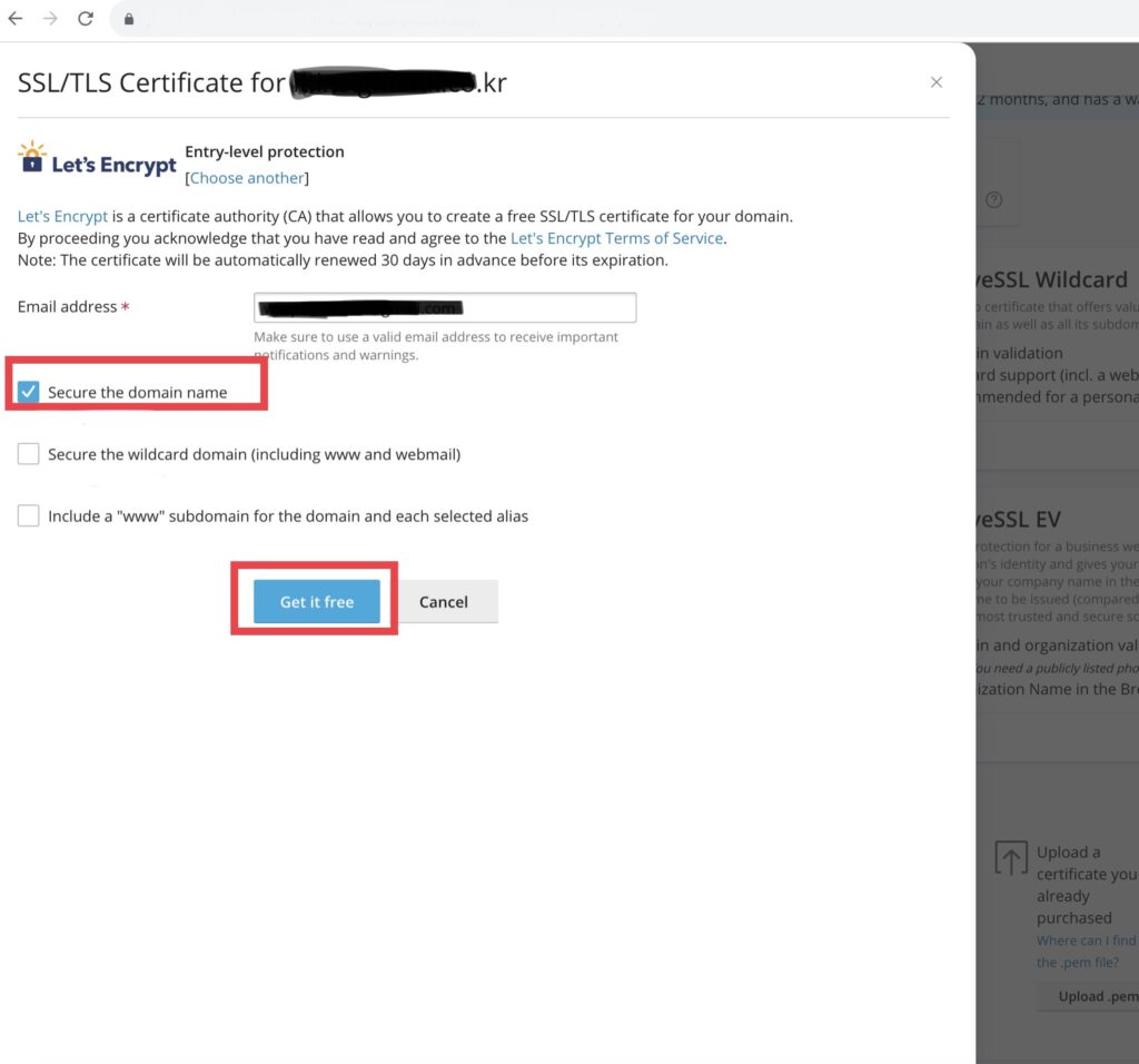 [Secure the domain name] 에 체크하고 하단의 [Get it free] 버튼을 클릭합니다.