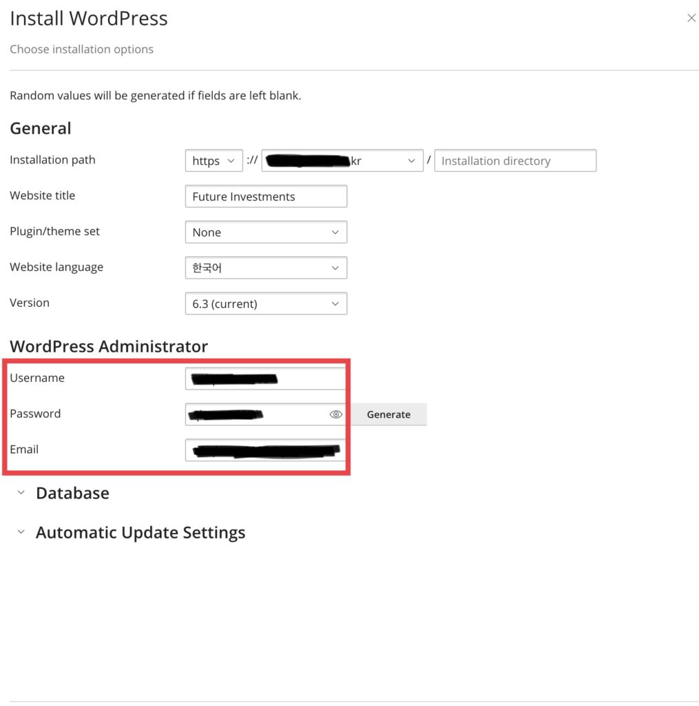 username, password 는 미리 설정된 값이 보여지는데요, 앞으로 워드프레스를 로그인 할 때 사용하게 되는 정보이므로 중요한 부분입니다. 원하는 Username 과 비밀번호로 입력하고 메모장에 적어두시거나 꼭 기억하셔야 합니다. 다음  Install 을 클릭하고 설치를 진행합니다. 