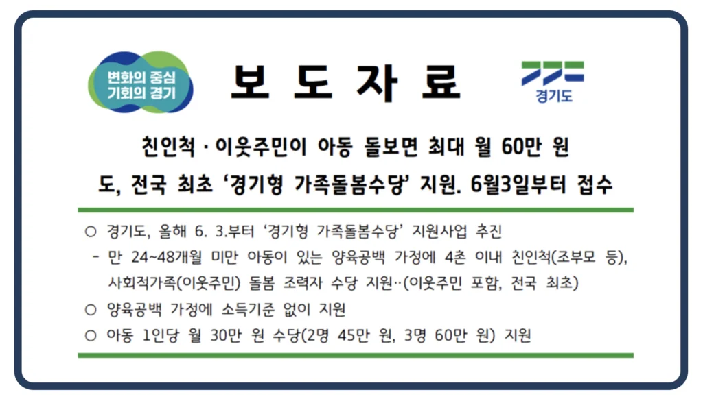 경기도 돌봄수당 신청 방법 경기형 가족돌봄수당